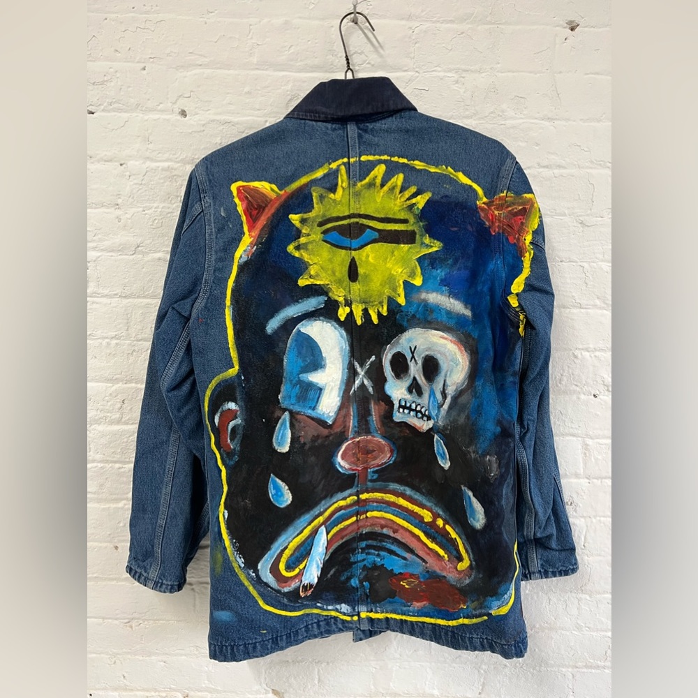 Custom art piece painted dickies long denim jacket in men’s small. Worn 2x